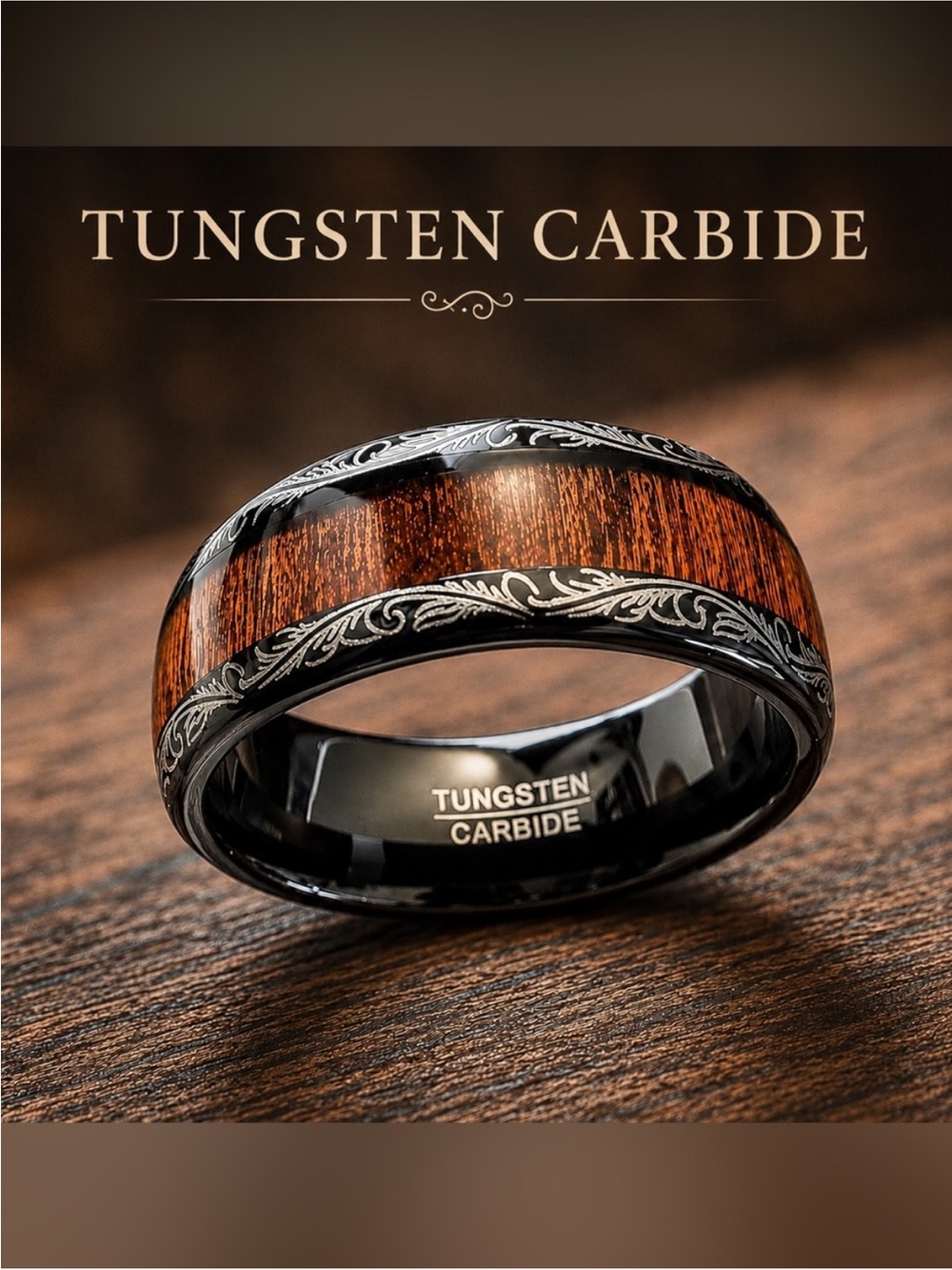 Tungsten Carbide Black Ring with Brown Wood Inlay